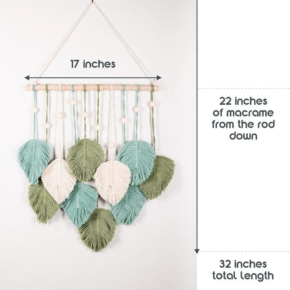 Macrame Boho Indie Farmhouse Teal/Blue/Green/Cream Feather Wood Bead Wall Decor - Picture 6 of 8